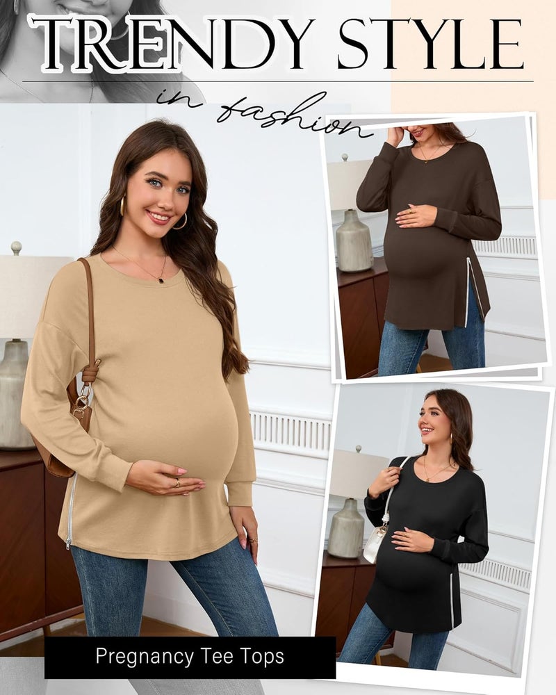 Sweetyweee Store 3 Pack Women's Maternity Shirts Long Sleeve T-Shirts Cotton Zipper Split Side Tops Casual Loose Pregnancy Clothes(Black, Brown, Khaki,Large) - Image 3